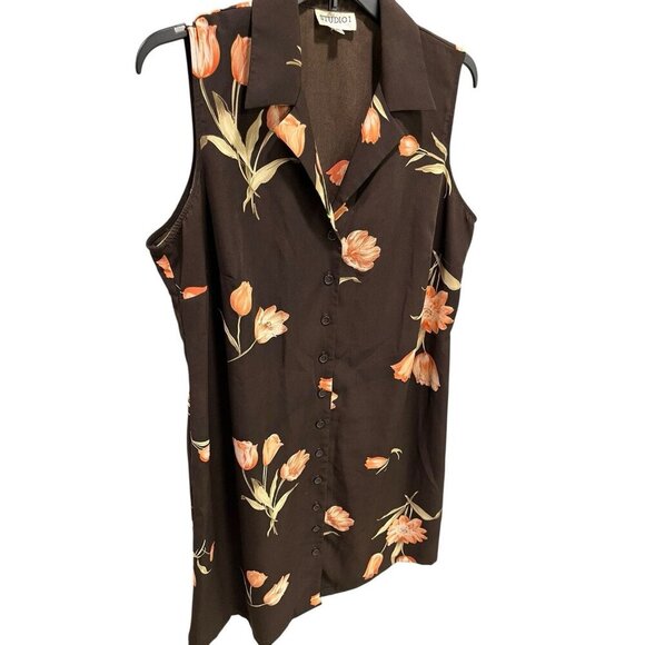 Studio 1 Women's 20W Brown Floral Button Up Sleeveless Dress Summer Lightweight - Picture 3 of 4